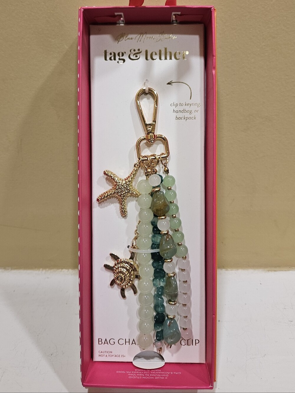Teal & Gold Beach Beaded Bag Charm with Starfish and Sea Shell - Picture 2 of 5